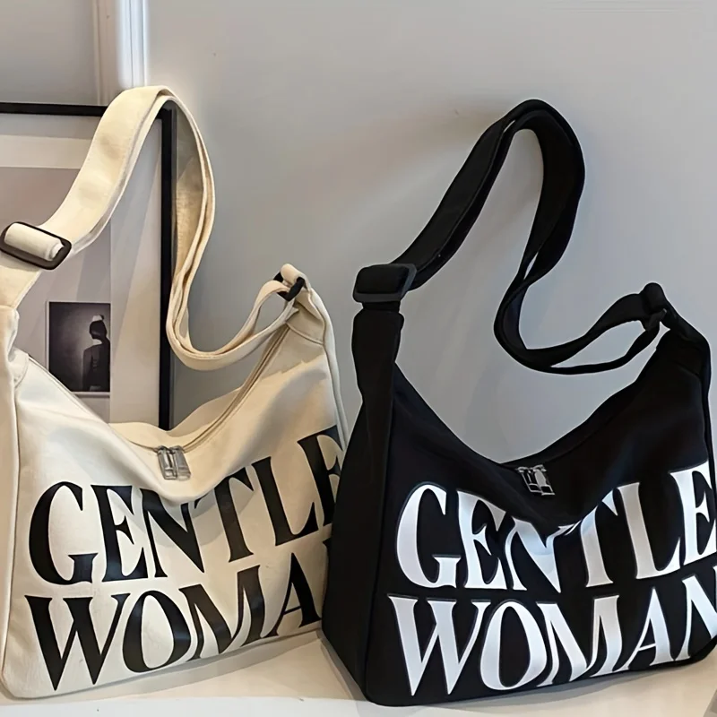 

Gentle Woman Tote Bag - Chic Letter Print Shoulder Bag with Zipper Closure - Versatile Casual Work & Class Accessory