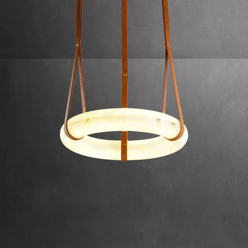 

Marble Ring Brown Dark Leather Belt Hanging Lamps Lustre Pendant Light Suspension Luminaire Lampen For Living Room