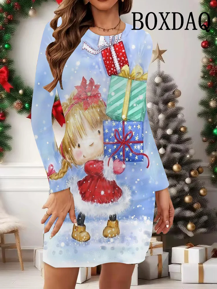 Vestidos con estampado de muñeco de nieve de Navidad para mujer, minivestido ajustado de manga larga con estampado 3D de copos de nieve de Navidad a la moda 2025