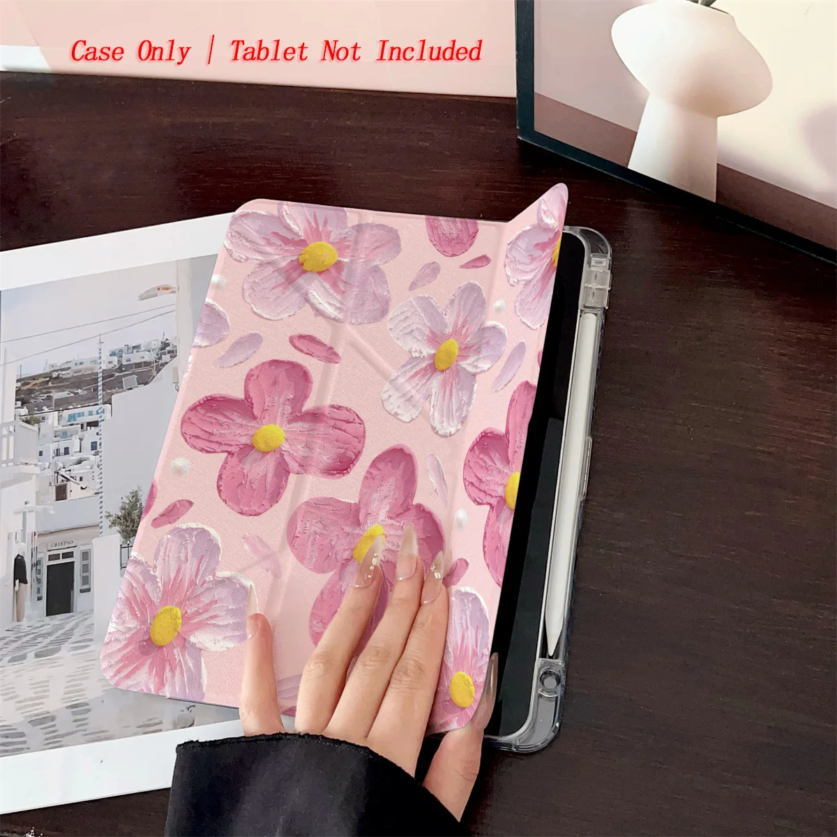 Sweet Y-Fold Acrylic Pink & Light Pink Flowers iPad Case For Apple iPad Pro 11/12.9 Air 3/4/5 Mini 5/6 8th-10th Gen Cover