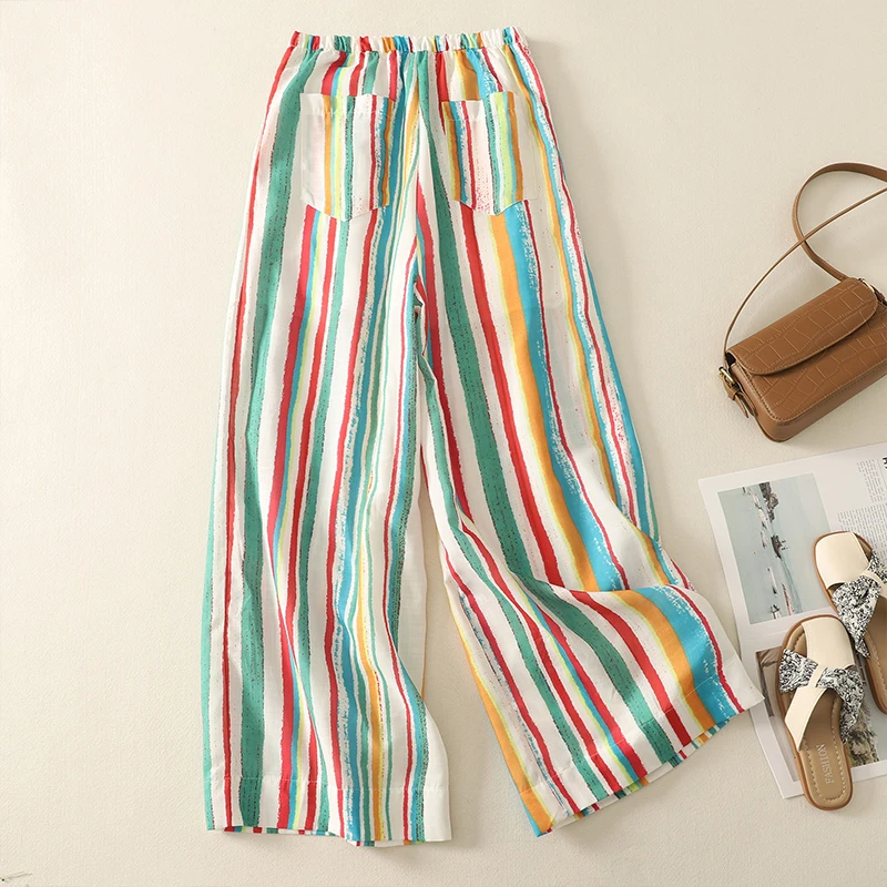 ハイウエストワイドレッグパンツ女性夏ボヘミアン長ズボンカラフルなストライプ痩身怠惰なスタイルビーチパンツ綿ブレンド