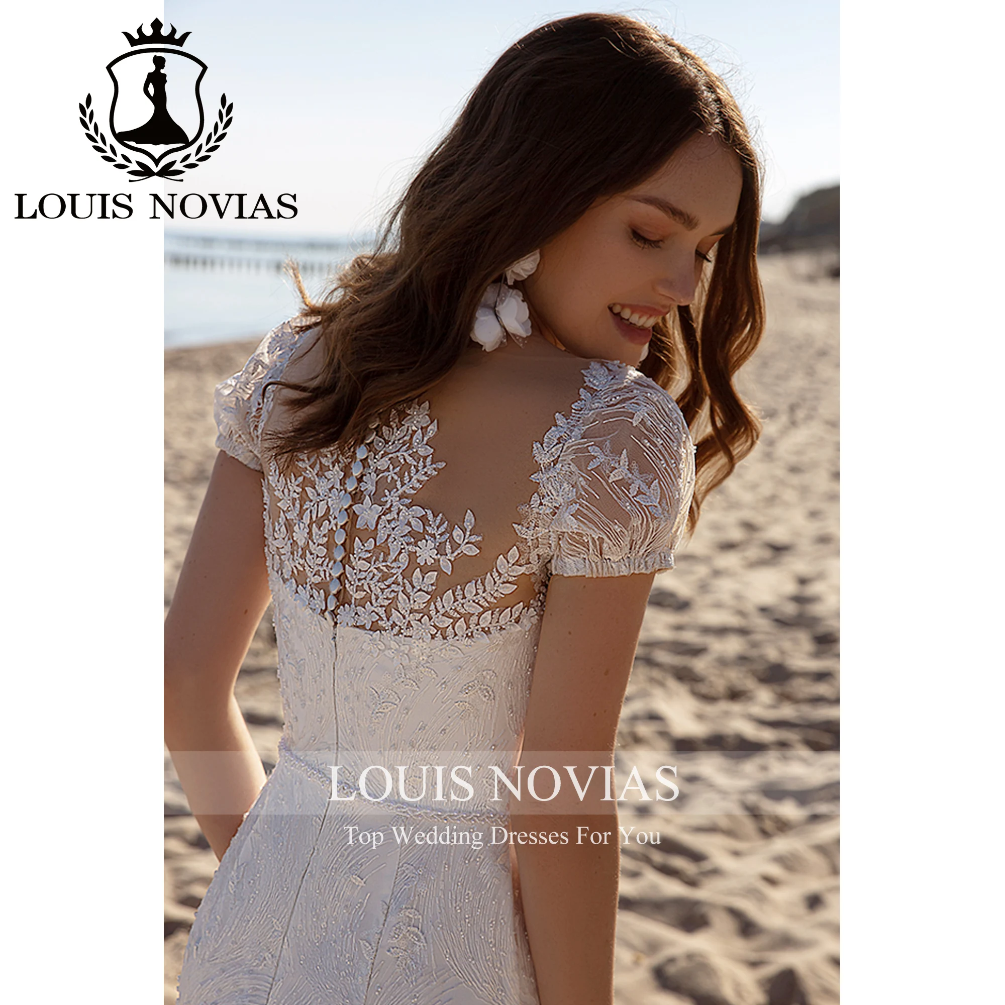 LOUIS NOVIAS-vestido De Novia De sirena con cuello en V, traje De manga corta con cinturón, apliques De ilusión, alta calidad, 2023