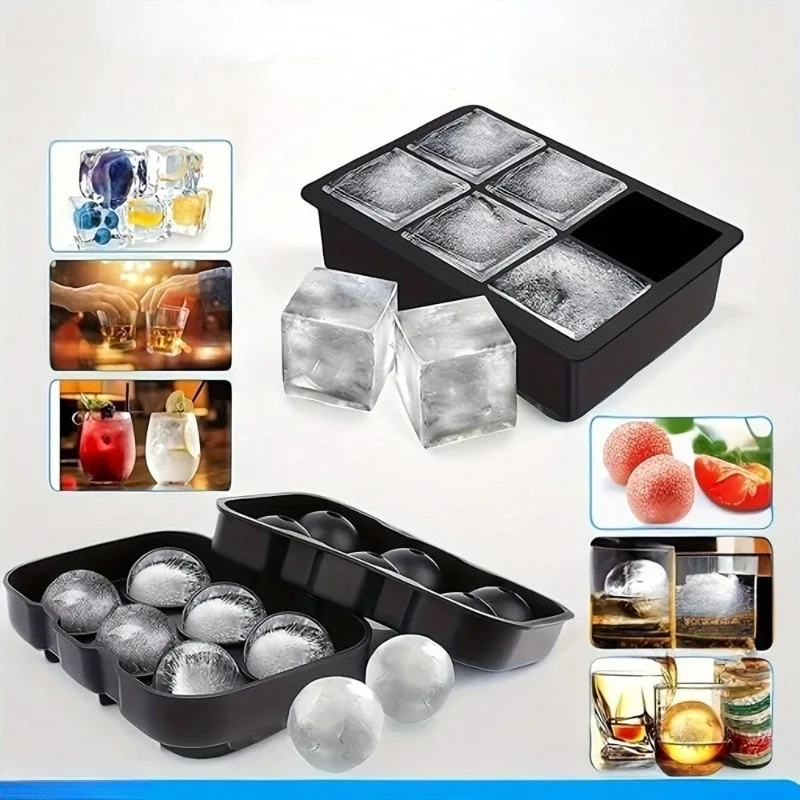 صينية مكعبات ثلج من السيليكون الفاخر مع غطاء كبير مربع وقالب ثلج كروي لصياغة الكوكتيلات والمشروبات والحفاظ على الطعام #4