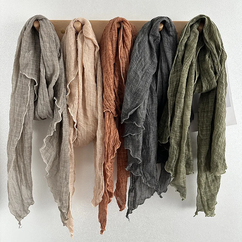

Ретро литературный и художественный веерный хлопковый и льняной шарф, женская вафельная плиссированная тонкая пряжа с скошенными краями, однотонная одежда