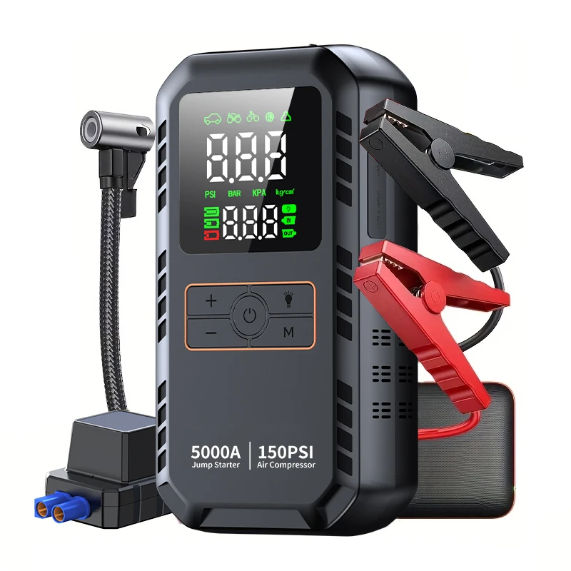 PAIVIROKU Iniciador de Carro com Compressor de Ar 5000A de Pico, Auxiliar de Bateria Automotiva e Inflador de Pneus Sem Fio 150 PSI