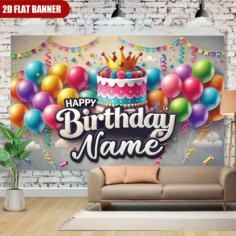1pc Happy Birthday Custom Name Party Banner Backdrop with Crown Cake Balloons Decor