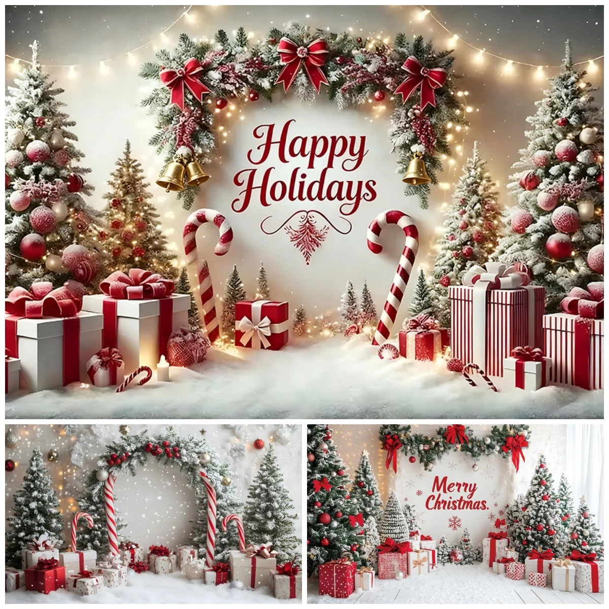 Christmas Decorations Photography Backdrops Candy Cane Gift Tree Bow Festive Kids Family Celebration Portrait Photo Backgrounds