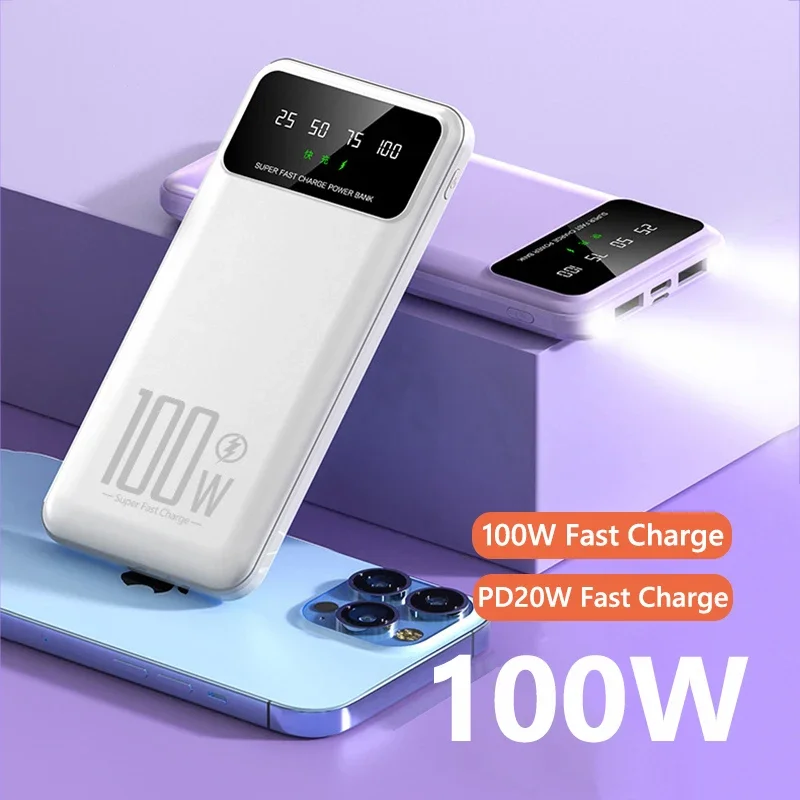 

100 Вт Power Bank с быстрой зарядкой 30000 мАч Портативное зарядное устройство большой емкости Powerbank для iPhone 16 X Xiaomi Samsung Внешний аккумулятор