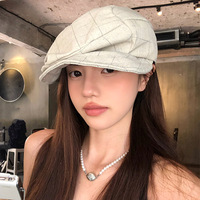 Japanese Niche Cotton and Linen Plaid Beret Women's Spring and Summer Fashion Pleated Thin Short-brimmed British Newsboy Cap
