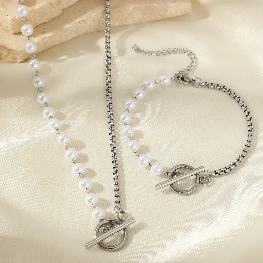 Stainless Steel Jewelry Set Fashion Elegant Design Splicing Pearl Chain Light Luxury OT Pendant Jewelry Set For Women Jewelry