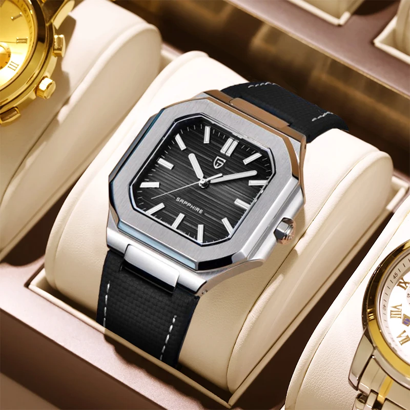 パガーニデザインミニマリーカジュアルクォーツメンズ腕時計防水レトロレザースクエアダイヤル発光高級ビジネスギフトメンズ腕時計-ボックス