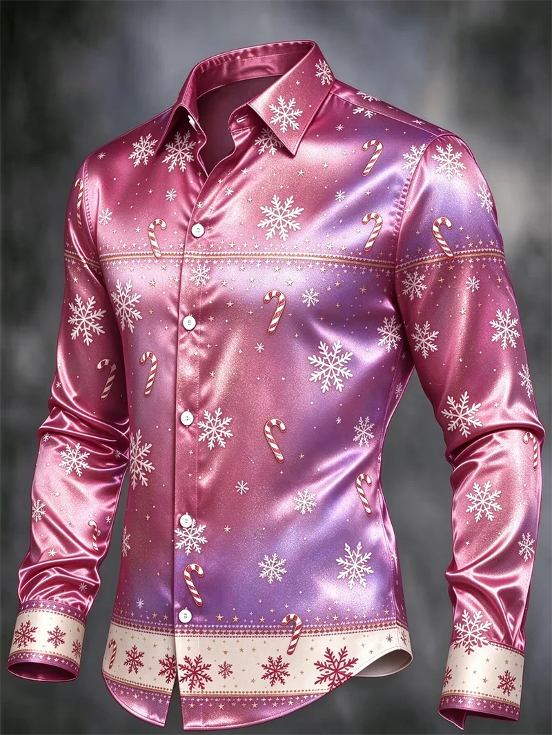 New men's shirt copper brown rice white satin white snowflake cane candy gold star print slim fit trendy men's shirt