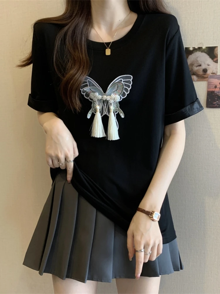

New Chinese Style Short Sleeve T-Shirt Women Summer plus Size Fat MM Slimming Design Embroidery Knot Top