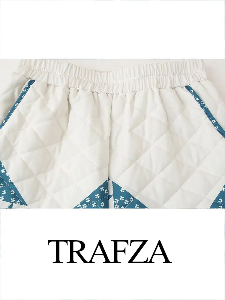 TRAFZA Women\'s Fashion Printed Quilted Cotton Shorts Set Retro Single Row Horn Button Women\'s Short Casual Cotton Clothes Suit