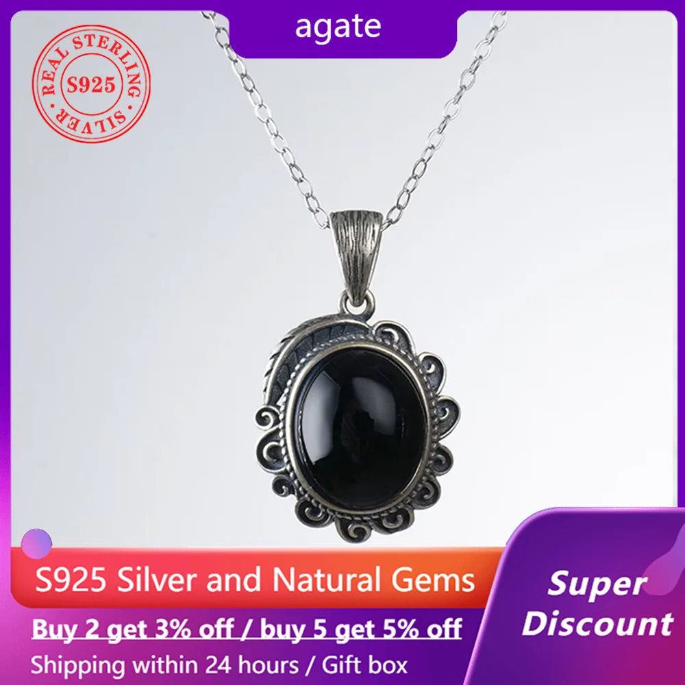 

Natural Agate Amethyst Silver Women's Necklace, S925 Pure Silver Retro Pendant Amethyst Necklace, Elegant Women's Birthday Gift