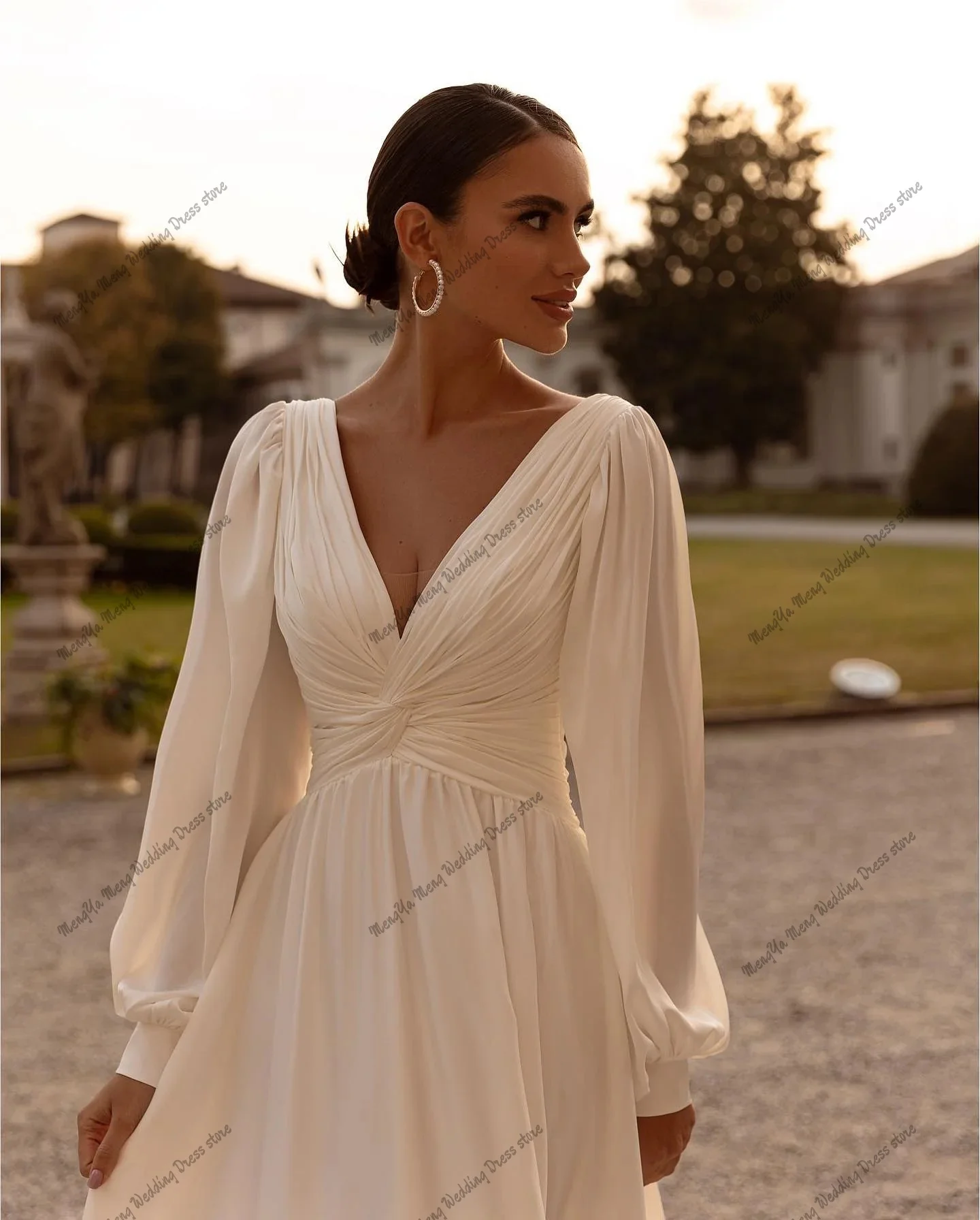ZHUISHU Customized Simple Chiffon A-Line Wedding Dresses V-Neck Long Puff Sleeves Backless Bridal Grown Formal Prom Party Gowns