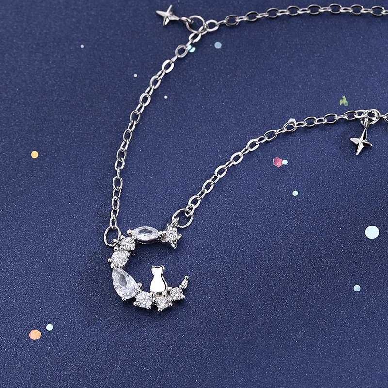 

New Arrival Dream Moon Cat 925 Sterling Silver Jewelry Cross Star Tassel Cute Animal Crystal Clavicle Chain Necklaces XL215