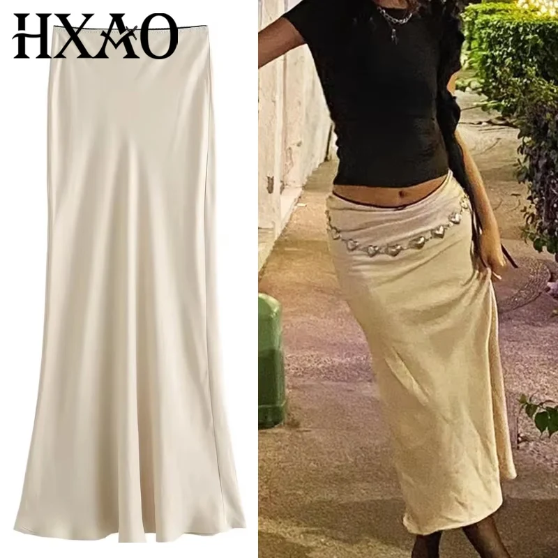 HXAO femmes jupe en Satin 2024 nœud taille haute Beige jupe Midi été élégant jupes longues pour les femmes élégant noir jupe pour femmes