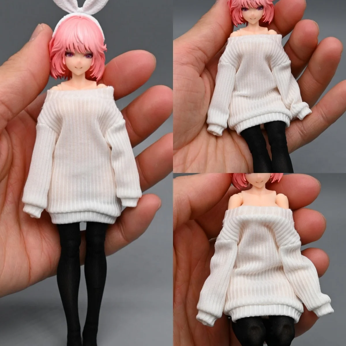 【Nur Kleidung】Handgefertigter 1/12 modischer weißer Pullover, vielseitiges One-Shoulder-Oberteil für 6-Zoll-Romankey-Schneckenmuschel-Actionfiguren