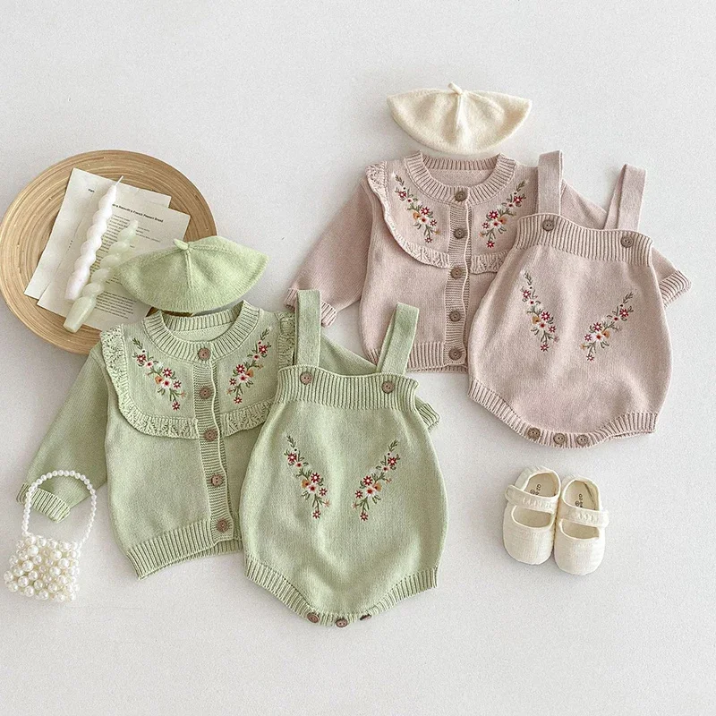 2024 New Autumn Toddler Baby Girl Knitting Clothes Suit Long Sleeved Knitted Embroidery Cardigan+Jumpsuit Children Clothes Suit