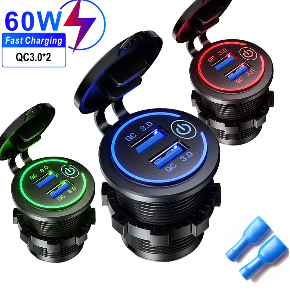 Quick Charge 3.0 Dual USB  Fast Car Charger Socket Accessories Waterproof 12V 24V QC3.0 Power Outlet with Touch Switch Led Light