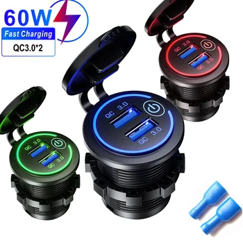 Hızlı şarj 3.0 çift USB hızlı araç şarj soketi aksesuarları su geçirmez 12V 24V QC3.0 güç çıkışı dokunmatik anahtarı ile Led ışık