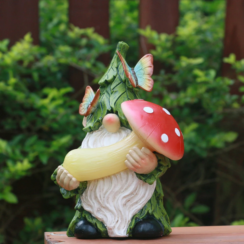 Garden Gnome Statue W/Mushroom Solar Light Gnome Figurine Gnome Garden Statue for Patio Yard Lawn Porch