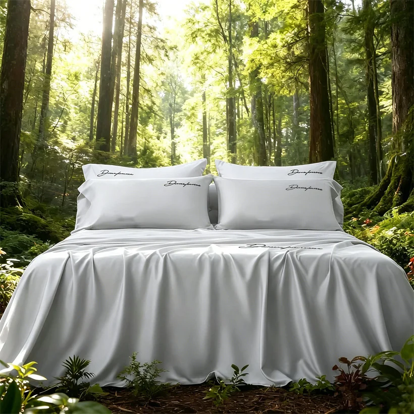Pure Lyocell Bed Sheet Set with Fitted Sheet Flat Top Sheet Pillowcases Luxuriously Soft Cooling Sheets Eucalypthus Bedding Sets