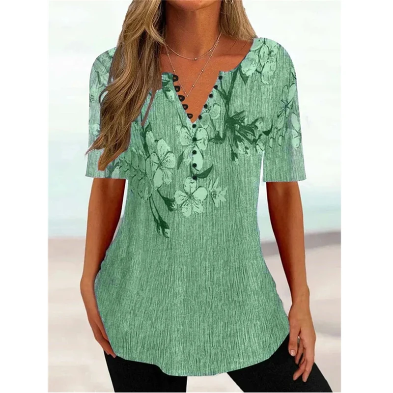 Women\'s Clothing 2023 Summer Vintage Floral Printed Oversized Elegant Shirt Fashion V Neck Short Sleeve Blouse Tunic Tops Blusas