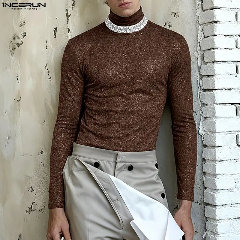 

INCERUN мужская футболка в стиле пэчворк, блестящая водолазка с длинным рукавом, мужские футболки, уличная одежда, весенне-осенняя модная повседневная мужская одежда