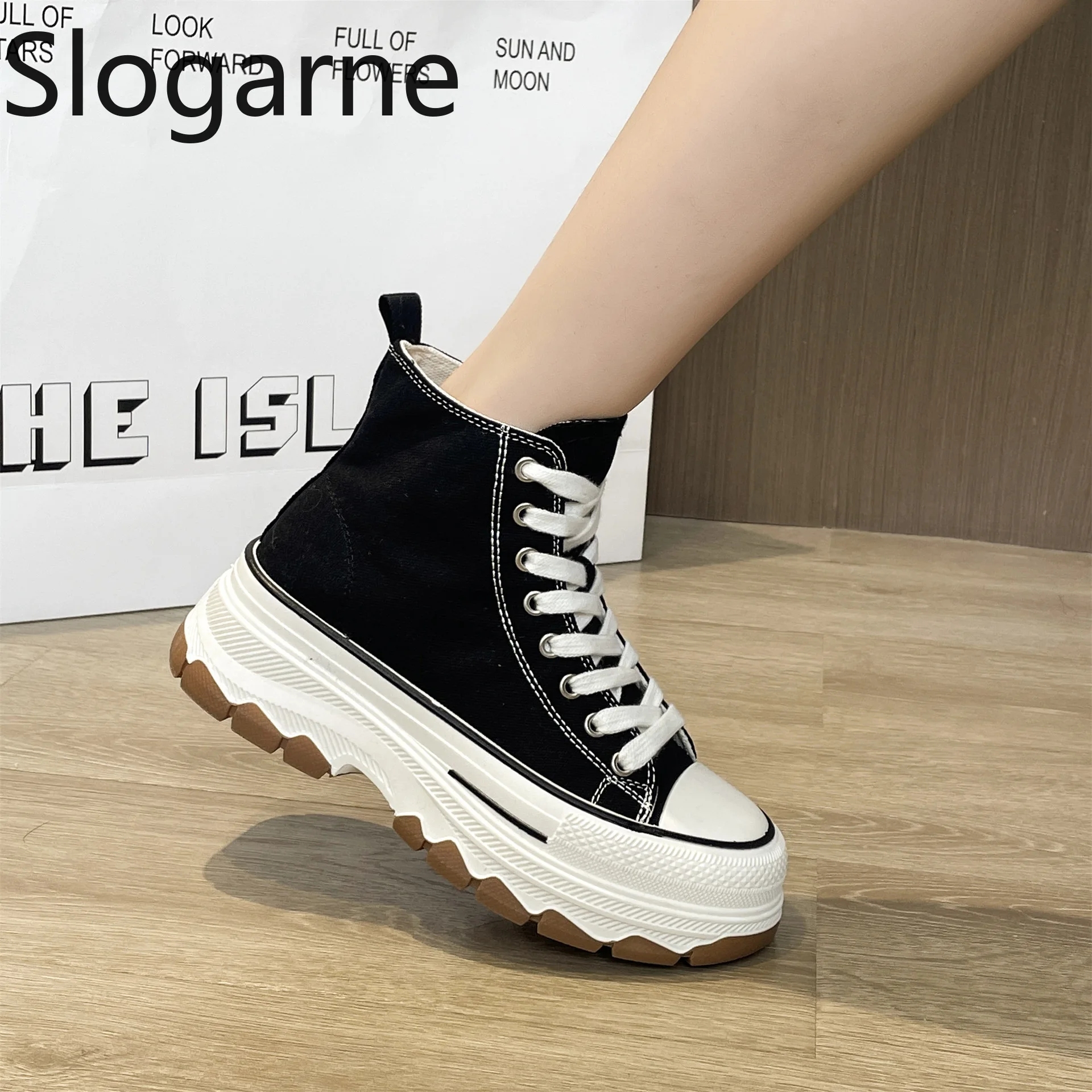 Spring Summer Canvas Shoes Women 5CM Thick Sole Skateboard Shoes Students High Top Breath Sneakers Height Increase Casual Shoes