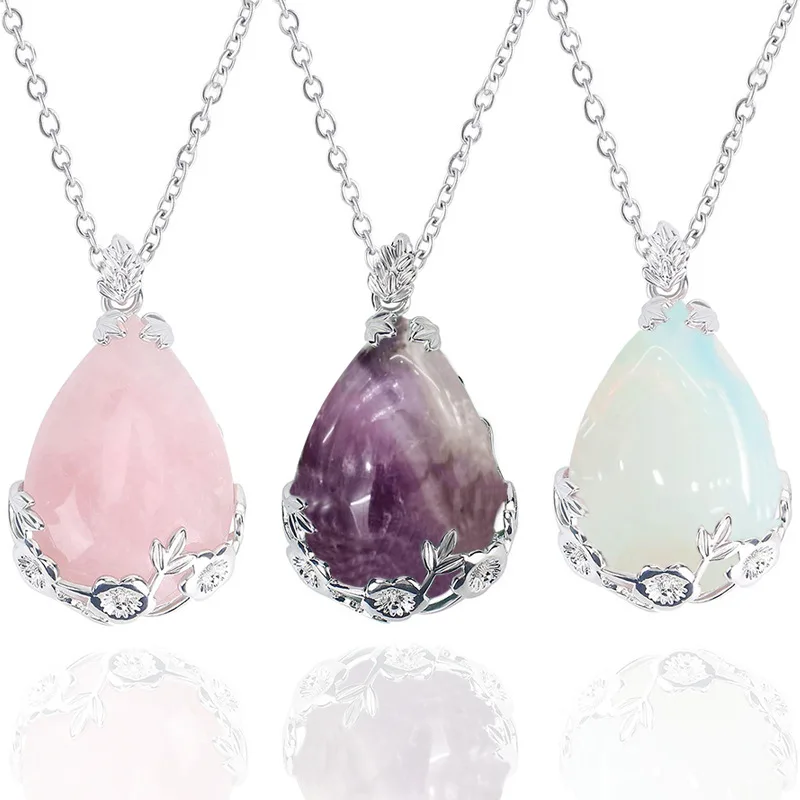 Chakra Reiki Healing Energy Crystals Waterdrop Pendants Natural Amethyst Carnelian sand Stone Opalite Healing Crystals Necklace