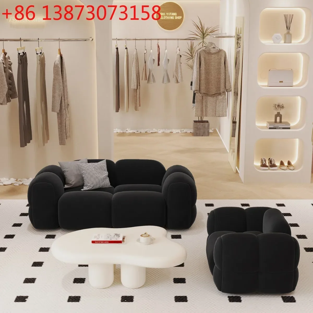 Black double small apartment sofa sitting area reception beauty salon women's clothing store