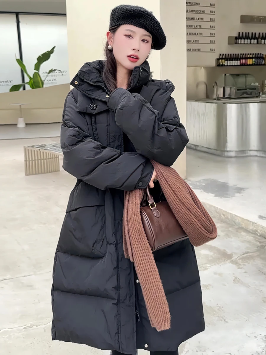 معطف طويل أبيض محشو بالريش للنساء، معطف شتوي أنيق جديد مع قلنسوة للتنقل اليومي