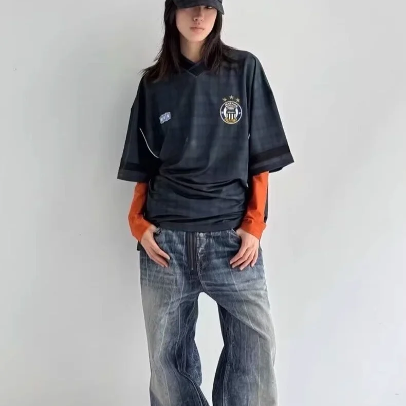 

e Rose 25SS Loose Fit Plaid ort Sve T-irt ex Vintage Fooall Stripe Design Youthful Trend Spring Collection