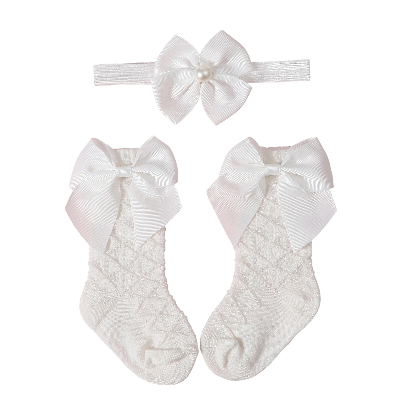 

Baby Girls Headband Socks Set Cute Bow Crew Socks and Pearl Headbands Infant Novel Baptism Clothing Accessory