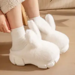 Chaussons en fourrure à plateforme haute pour femme, lapin blanc, chaussures sabots de maison, hiver 2006/oreille, 8 cm