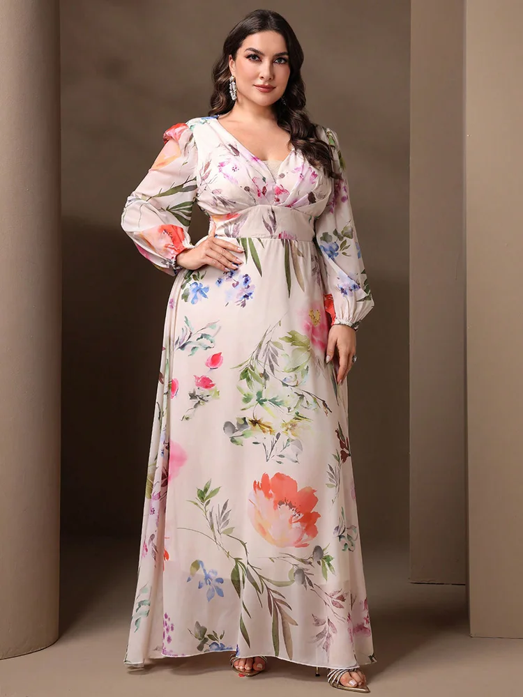 TOLEEN-Women Floral Printed Long Sleeve Dress, Plus Size, Casual, Elegant, V-Neck, Slim, Mesh, Holiday Dresses, New, Summer 2024