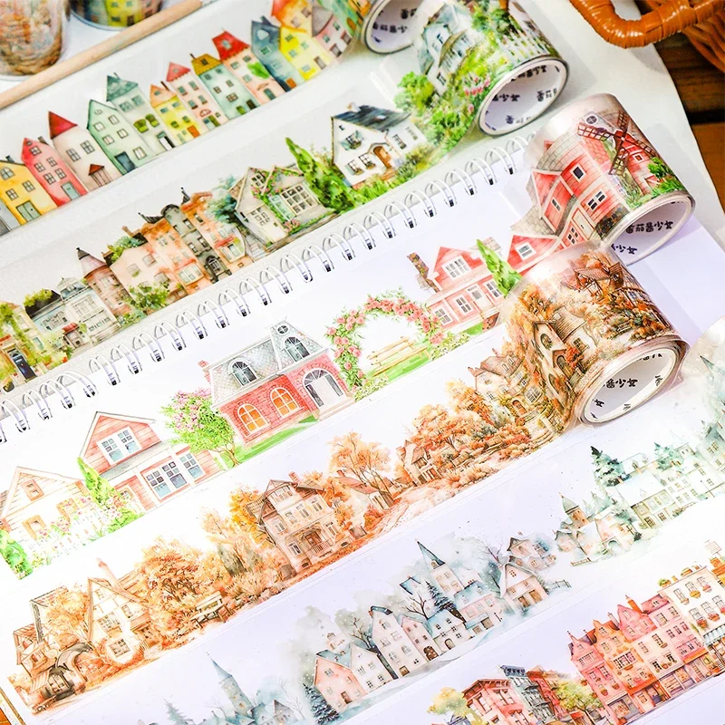 45mm*200cm Dream Town Series Vintage Building Landscaping PET Tape Creative DIY Journal Material Collage Stationery