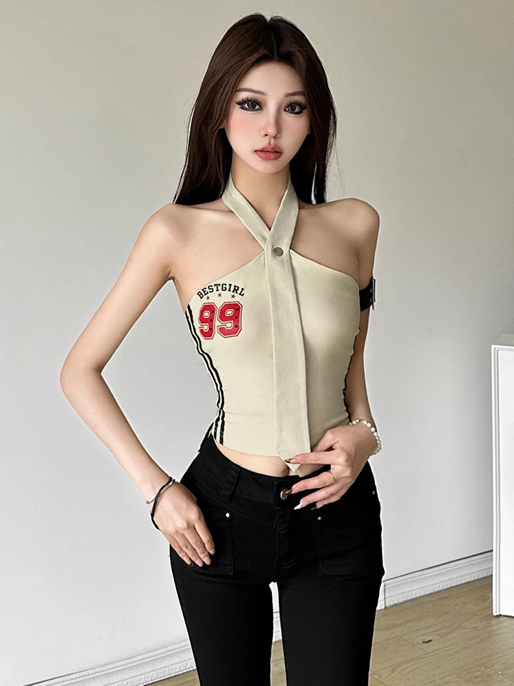 Doce legal menina listra carta impressão pendurado ne colete feminino picante versátil fino ajuste cinta weide puss ort sle verão 2024