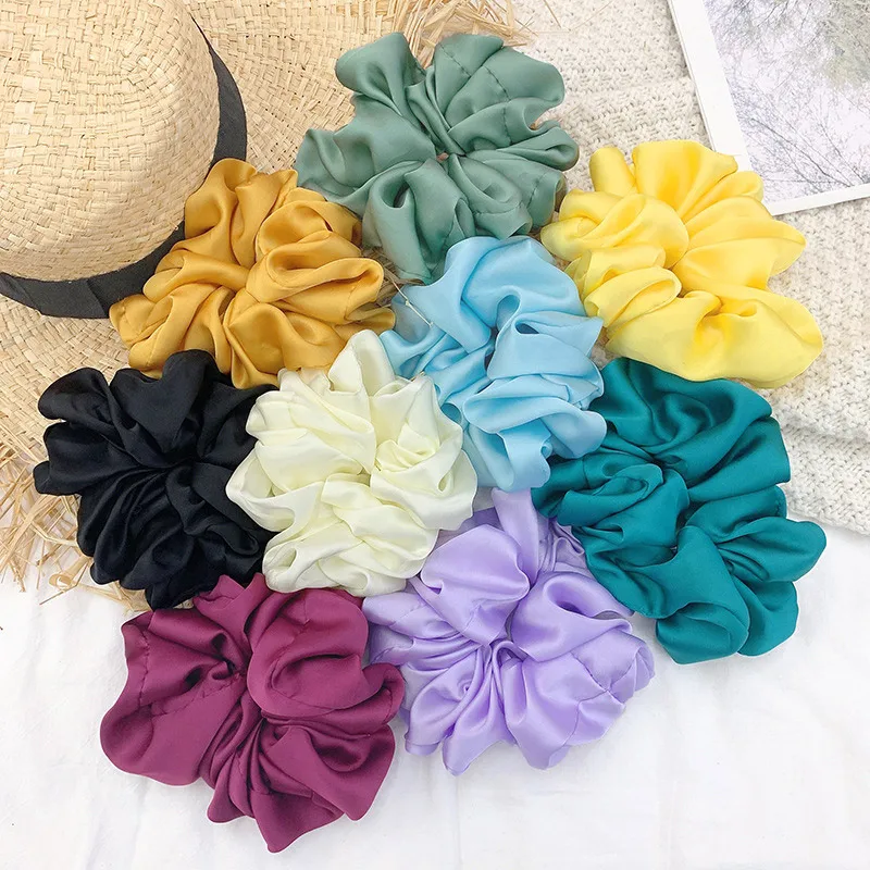 Fashion Women Girls Silky Satin Hair Scrunchies Solid Stretch Elastic Hair Tie Simple Elegant Rubber Band Ponytail Tie