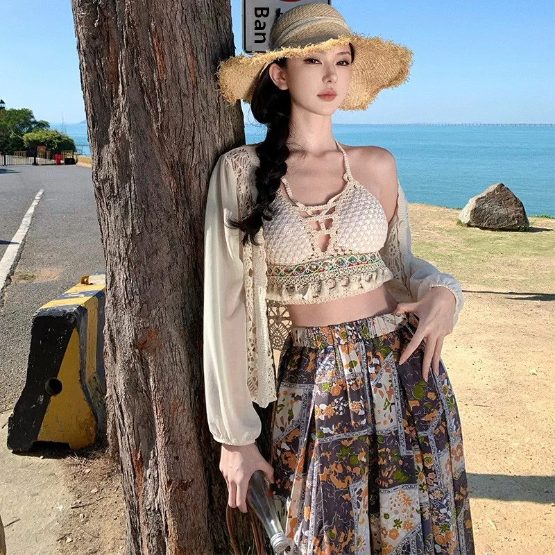 Conjunto de calças largas para praia, proteção solar, ajuste solto, calças compridas, cintura elástica, fibra de poliéster, calças casuais