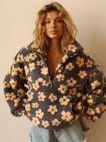 Sumuyoo Otoño Invierno mujer Sherpa Floral pulóver sudaderas con capucha estilo medio cremallera suelta ajuste cálido elegante nueva sudadera