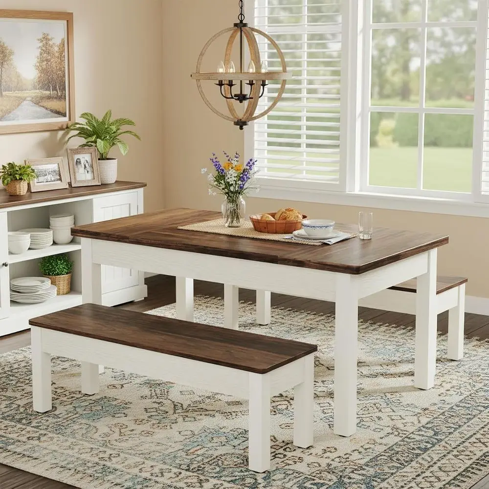 

Space-Saving Farmhouse Dining Set for 4-6, 55 Table with 2 Benches, Wooden Breakfast Nook, Suitable for Small Spaces (White & Br