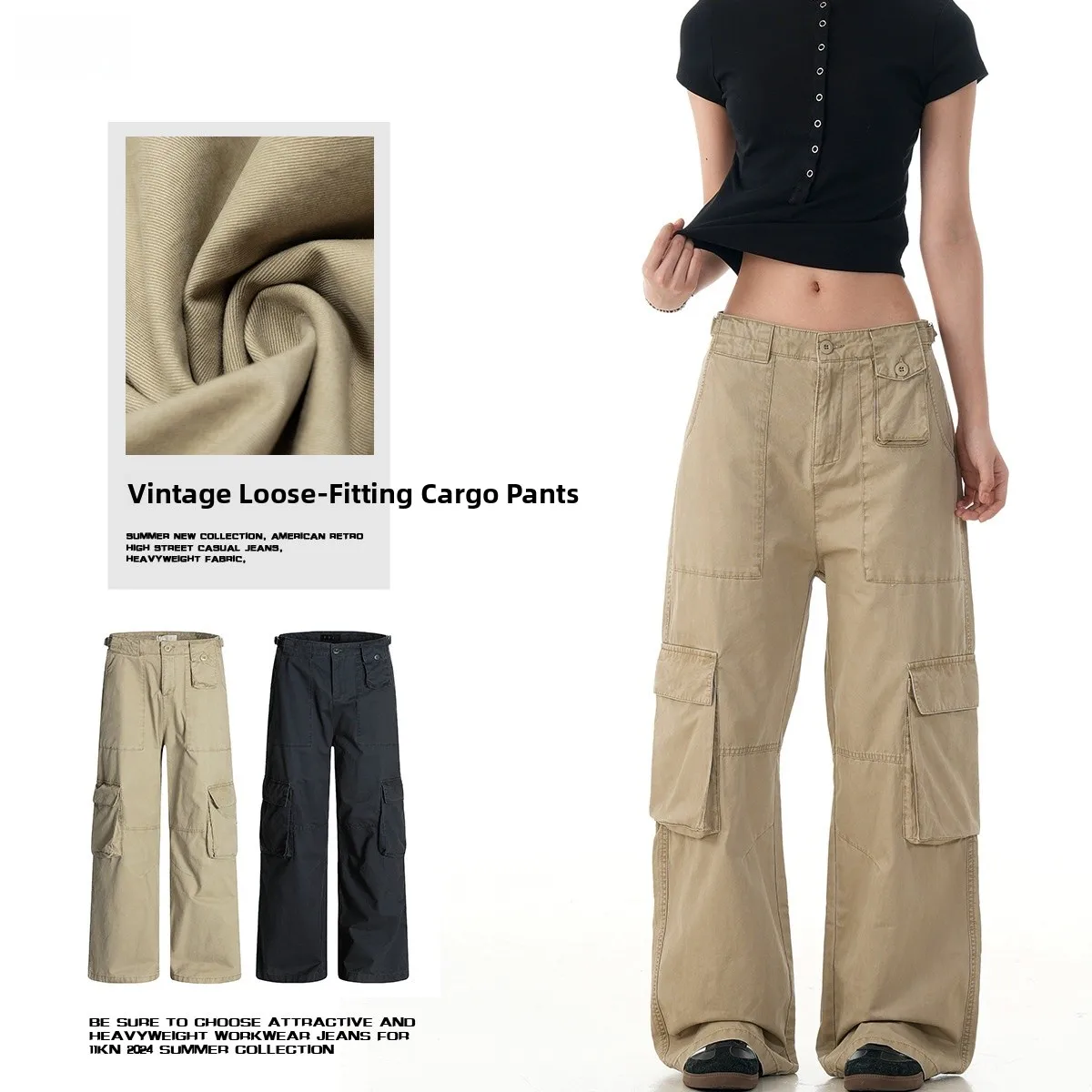 

American Sle Workwear Casual Pants Men's Women's High Waist Long Trousers Faionable Wide Leg Floor-Length Multi-ket