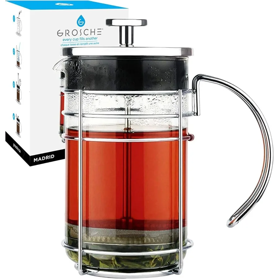 MADRID French Press Cafetera y té premium 1.0L 34oz Vaso de vidrio de borosilicato Sistema de filtro dual para una rica elaboración versátil