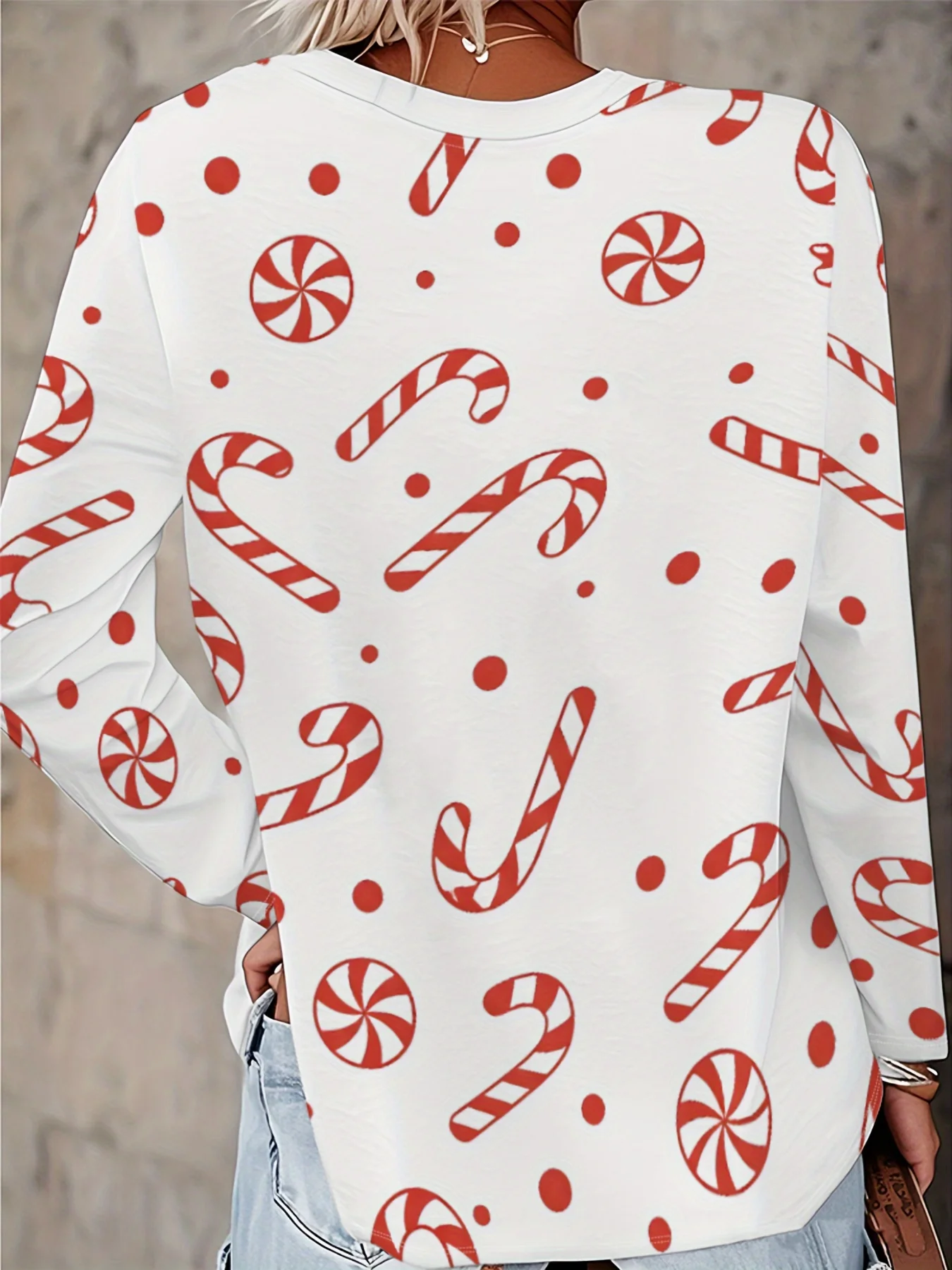 Women Long Sleeve T Shirt Christmas Candy Cane Print Autumn Fashion Casual Holiday Party Top Women's Clothes