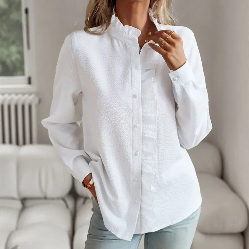 Camisas a rayas con cuello levantado para mujer, blusas elegantes de manga larga, Tops de botonadura única, camisa Simple informal para oficina, primavera y otoño