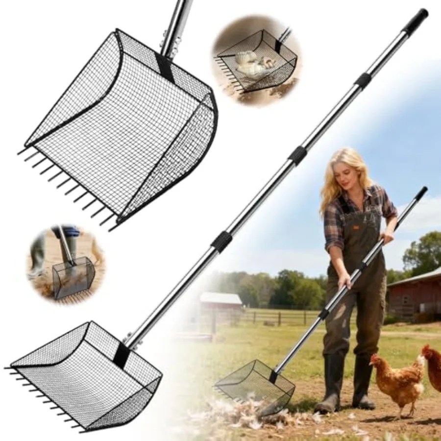 

Chicken Poop Scooper for Sand, 2-in-1 Rake and Pooper Scooper with Large Sifting Shovel, Adjustable Stainl Steel Handle 36"-62"