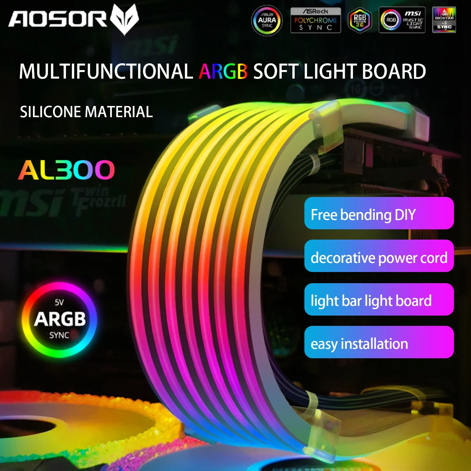 COOLMOON AOSOR DIY AL300 LED Light Strip 5V 4PIN RGB ARGB Aura Sync Neon Elastyczna listwa oświetleniowa do płyty głównej Obudowa komputera